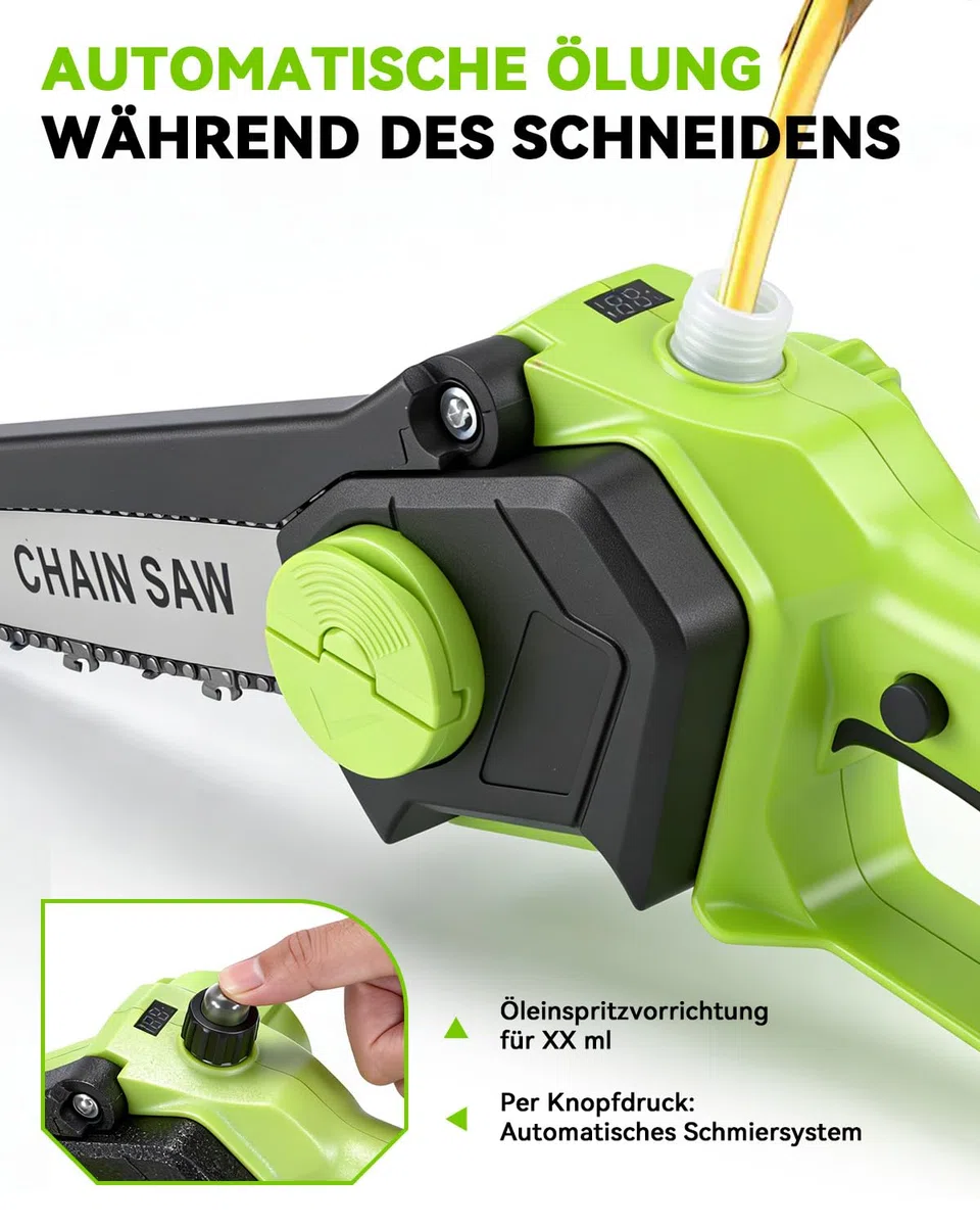 2-in-1 Akku Hochentaster 8-Zoll Bürstenlose Mini-Kettensäge mit Teleskopstange 2 x 3000mAh Akkus