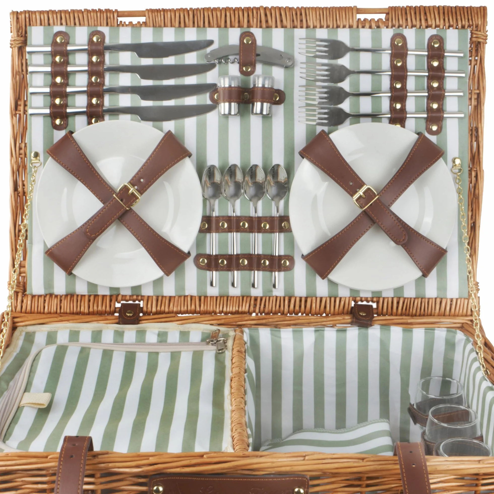 CampFeuer Picknickkorb 4 Personen mit Geschirr-Set und Kühlfach | 29-teilig | Picknickkoffer mit gestreiftem Innenmuster | Weidenkorb mit Kunstlederriemen | Picknicktasche, Picknick Set