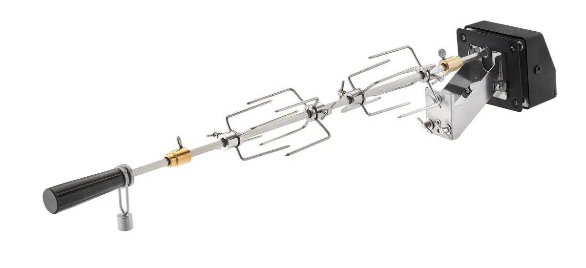 RÖSLE Premium-Drehspieß für BBQ-Stationen VIDERO G2/G3, MAGNUM G3 | Hochwertige Rotisserie, Traglast 10 kg, auch für Kugelgrill No.1 F60 mit Gourmetring geeignet, Edelstahl, silbern/schwarz