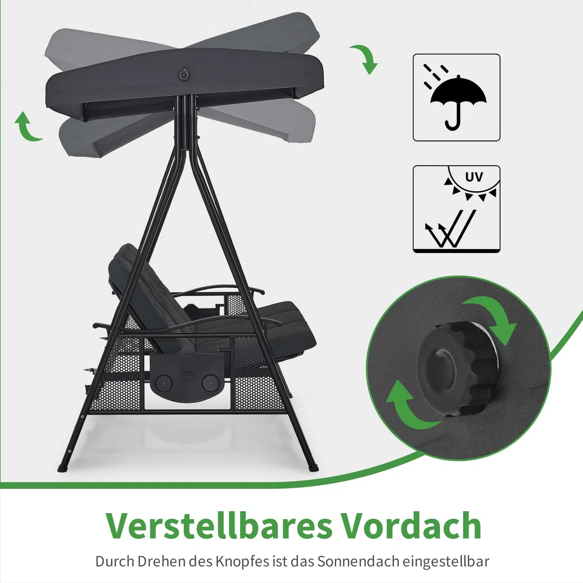 M MCombo 3-Sitzer Hollywoodschaukel mit Liegefunktion, Verstellbarem Sonnendach & Getränkehalter, Gartenschaukel bis 360kg Belastbar Schaukelbank Outdoor Wetterfest 204x118x181 cm 4093 (dunkgelgrau)