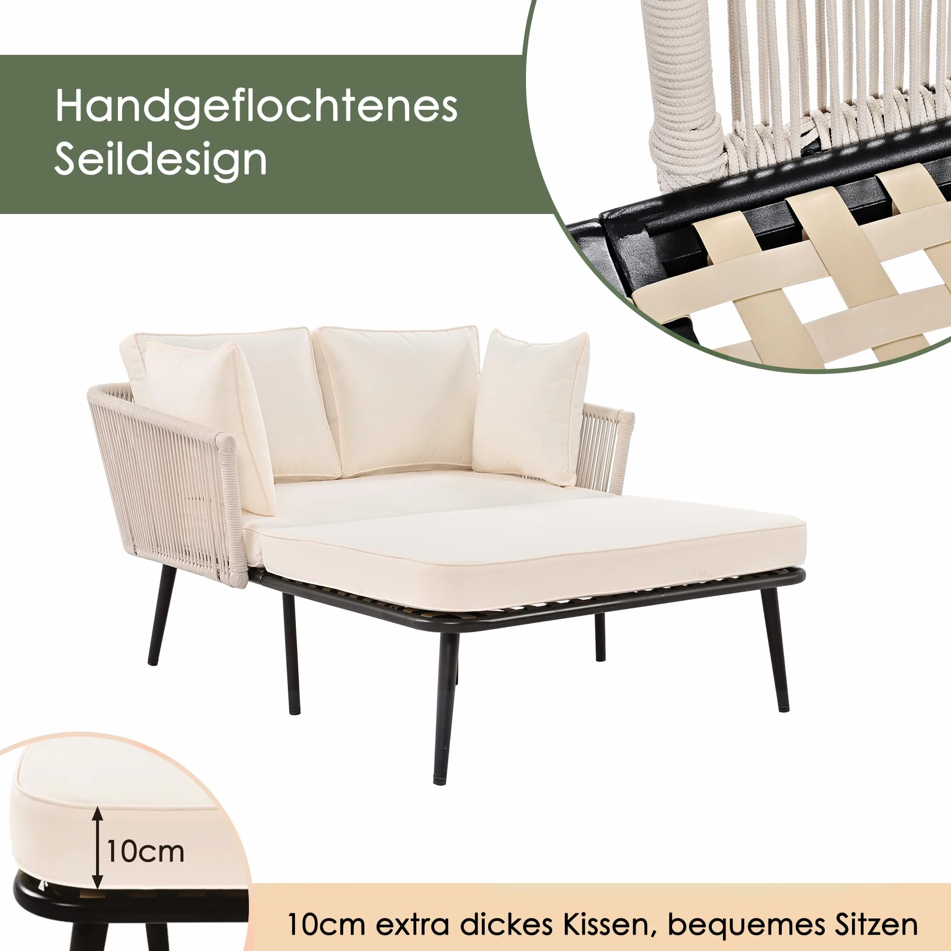 Merax Sonnenliege, Outdoor Gartenliege mit 2 Kissen und 2 Polster, Liegestuhl Garten mit abnehmbar und waschbar Kissen für Balkon Terrasse, Gartenlounge Set, Beige