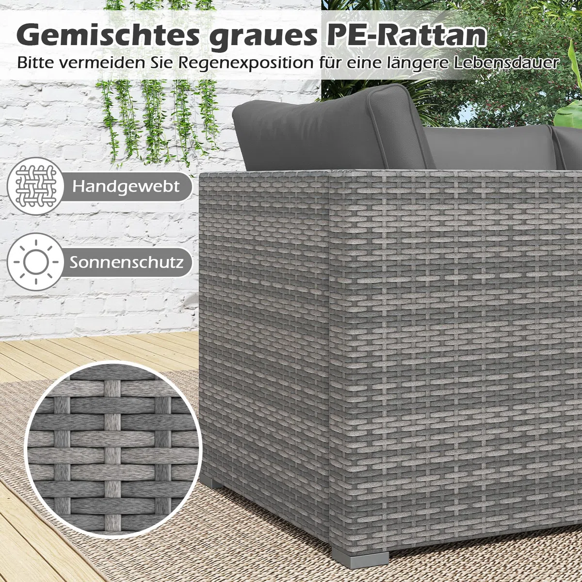 COSTWAY Gartensofa mit Kissen, 3-Sitzer Lounge Sofa, Rattan Lounge Möbel Outdoor, Gartenlounge, Gartenmöbel, Terrassenmöbel, Balkonmöbel, wetterfest, 193 x 67 x 61,5 cm (Grau)