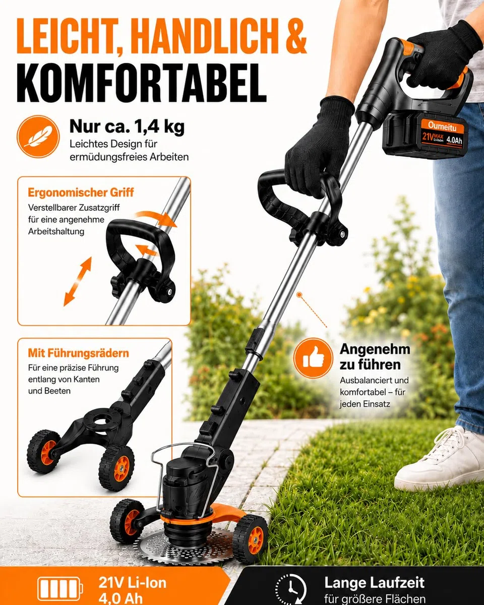 21V Akku Rasentrimmer, 2 x4,0Ah Akku und Ladegerät, 2 in 1 Elektrischer Freischneider/Rasentrimmer mit Akku, Leichter Rasenkantenschneider mit, 5 Messerarten für Rasen, Garten
