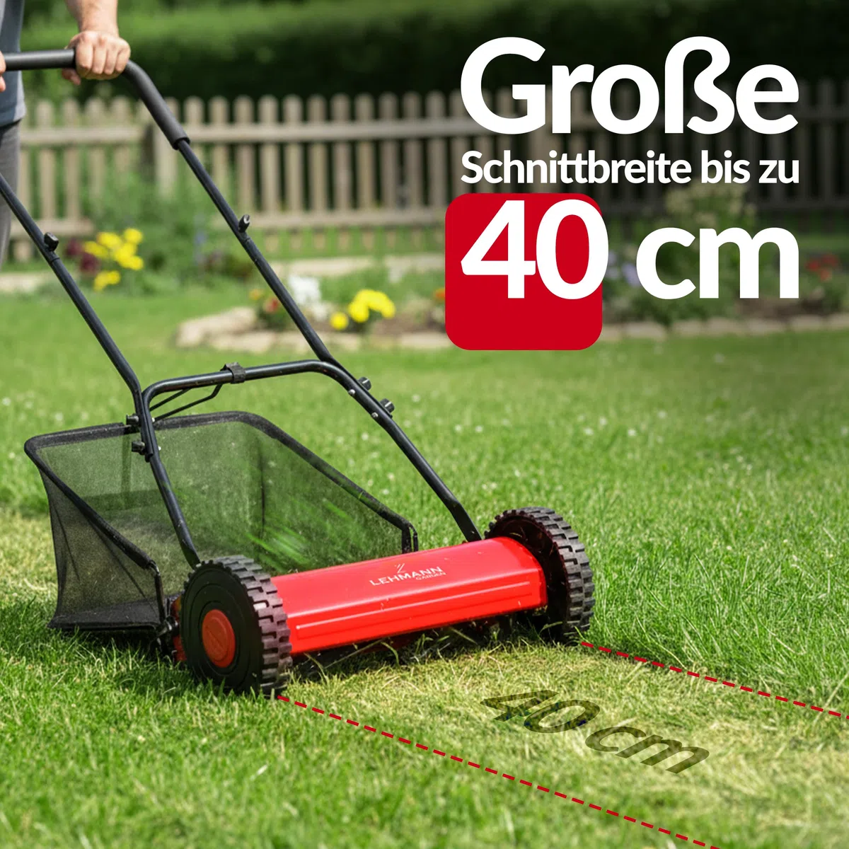 LEHMANN Spindelmäher 40 cm mit Fangkorb 15 L – Handrasenmäher ohne Strom, mechanischer Rasenmäher manuell mit 5 Messern, einstellbare Schnitthöhe 15–43 mm, klappbarer Griff