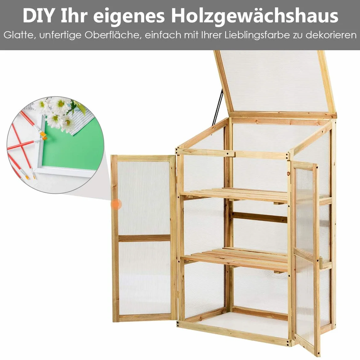 FANTASK 3 Etagen Frühbeet Holz, Hochbeet wetterfest, Gewächshaus mit 2 Türen & Deckel, Polycarbonat-Fenster, Pflanzenbeet Aufzuchtschrank Treibhaus, 60 x 45 x 100 cm, Natur