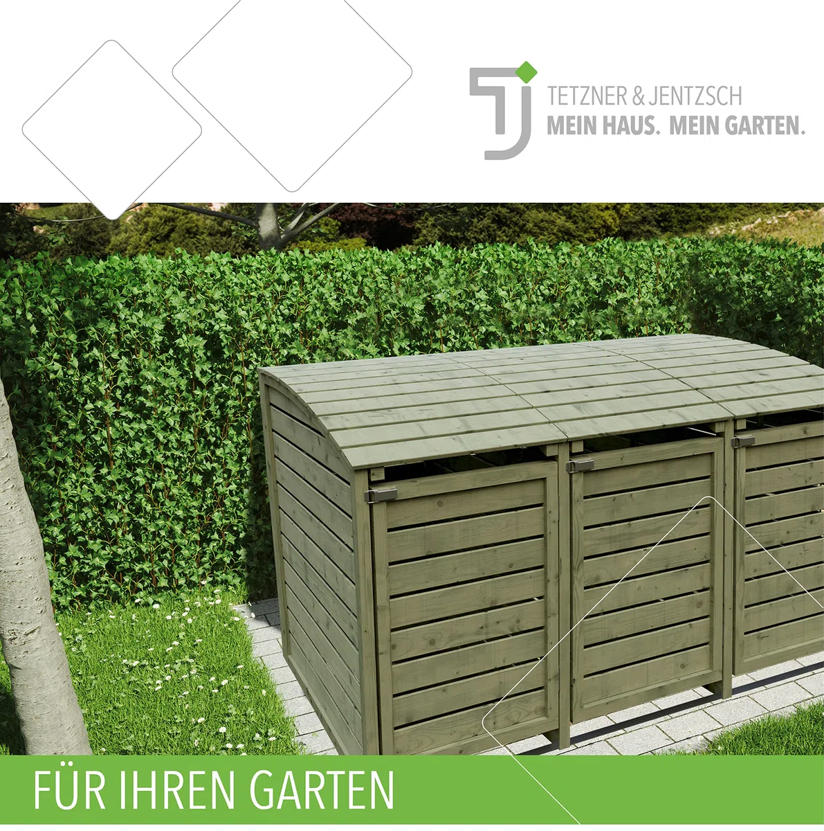 TETZNER & JENTZSCH HENRI-Mülltonnenbox 3er mit Rückwand & Klappdach I Mülltonnenverkleidung aus Kiefernholz für 3 Mülltonnen oder gelbe Säcke I Outdoor Mülltonnenbox aus Holz mit Montageanleitung