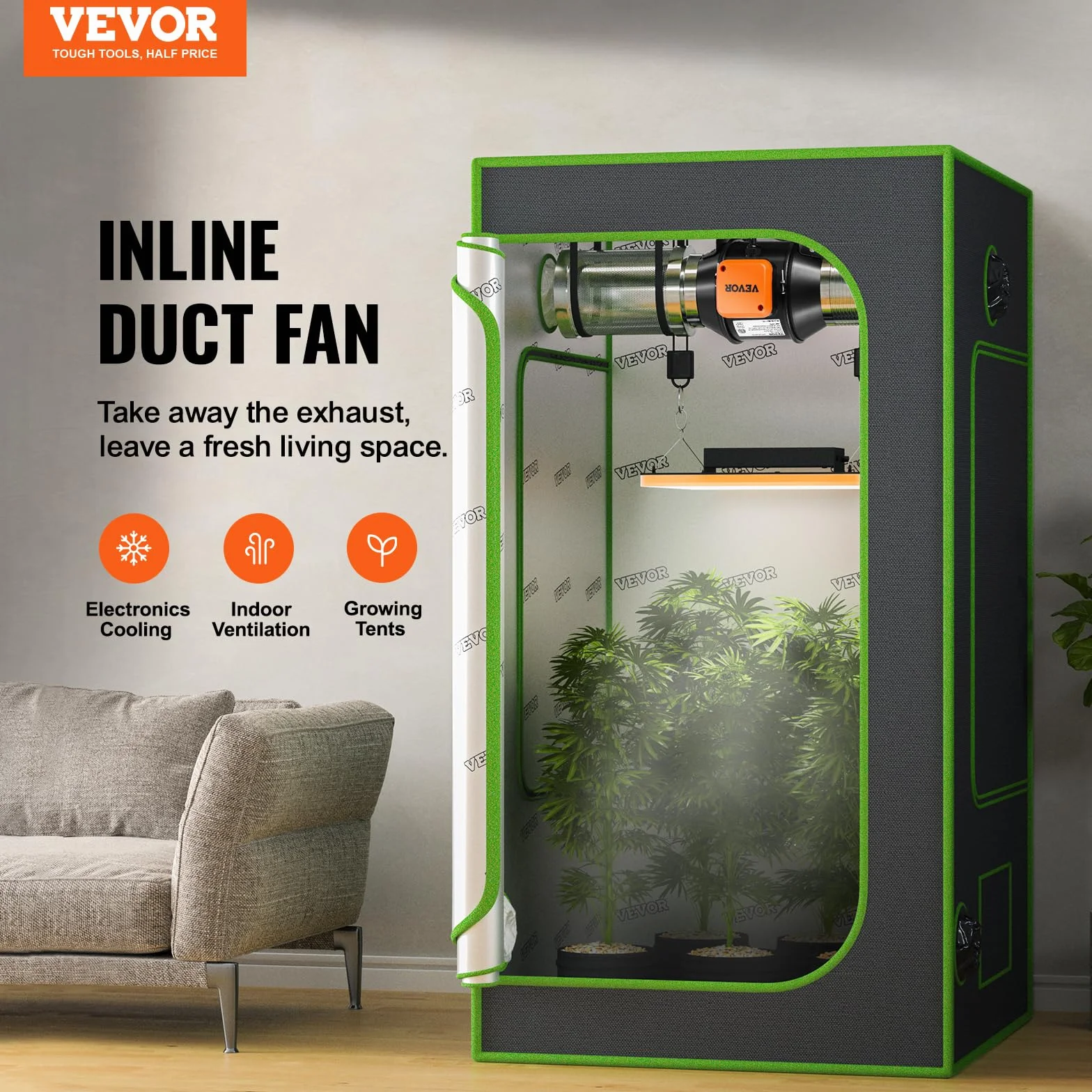 VEVOR 100 mm Inline Kanalventilator mit EC-Motor – 348 m³/h– 25 W, leise 28 dB, mit Temperatur- & Feuchtigkeitsregler – für Wachstumszelte, Hydrokultur, Belüftung