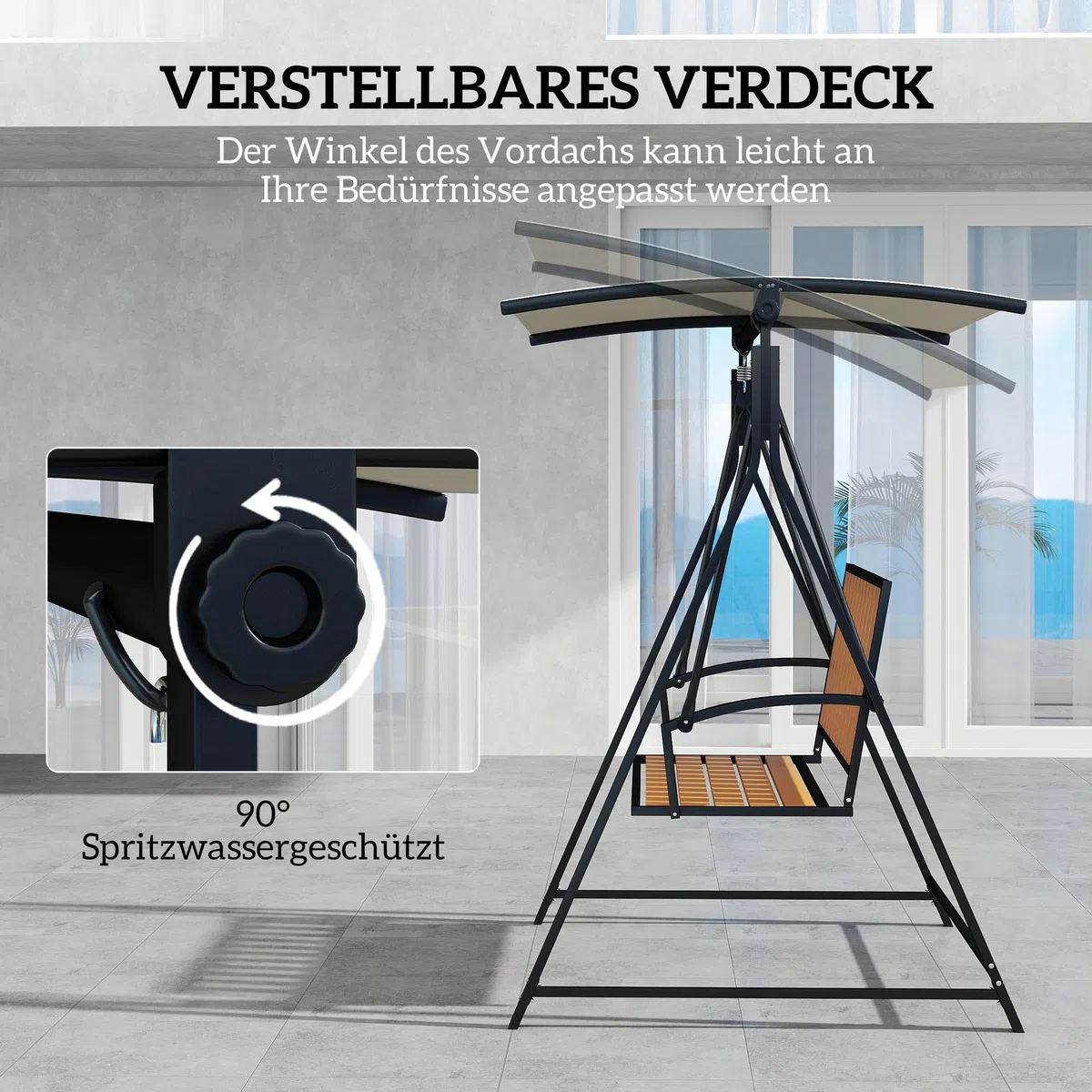 Outsunny Hollywoodschaukel mit verstellbarem Sonnendach, 2-Sitzer Gartenschaukel, wetterfest Schaukelbank belastbar bis 240kg, Gartenliege für Garten, Terrasse, 142 x 112 x 162cm, Schwarz