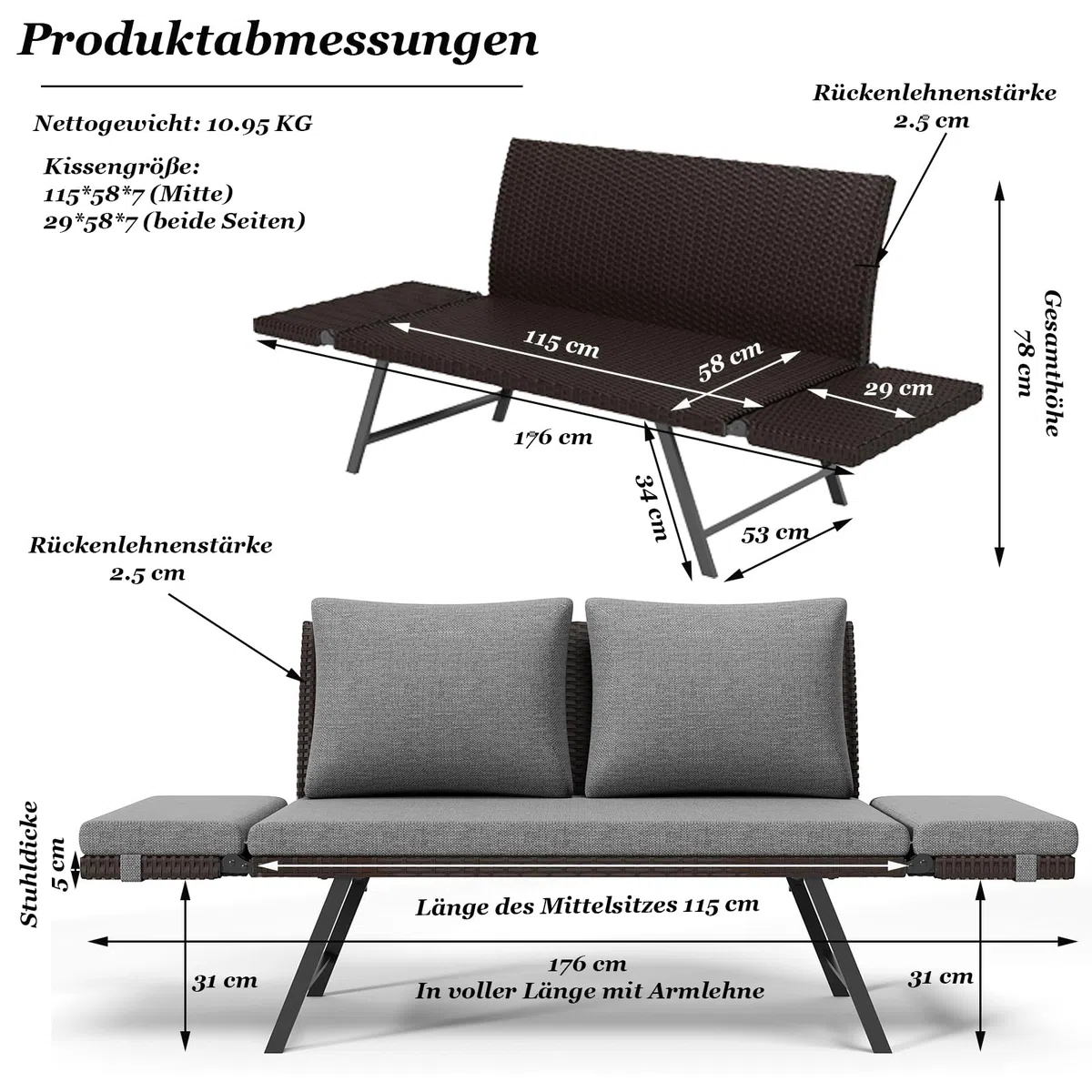 Gartensofa 2 Sitzer mit Liegefunktion, Verstellbare Couch klappbarer Armlehnen, Outdoor schlafsofa mit Kissen, Polyrattan Gartenbank Lounge Sofa für balkonmöbel,Terrasse, Gartenmöbel (Dunkel)