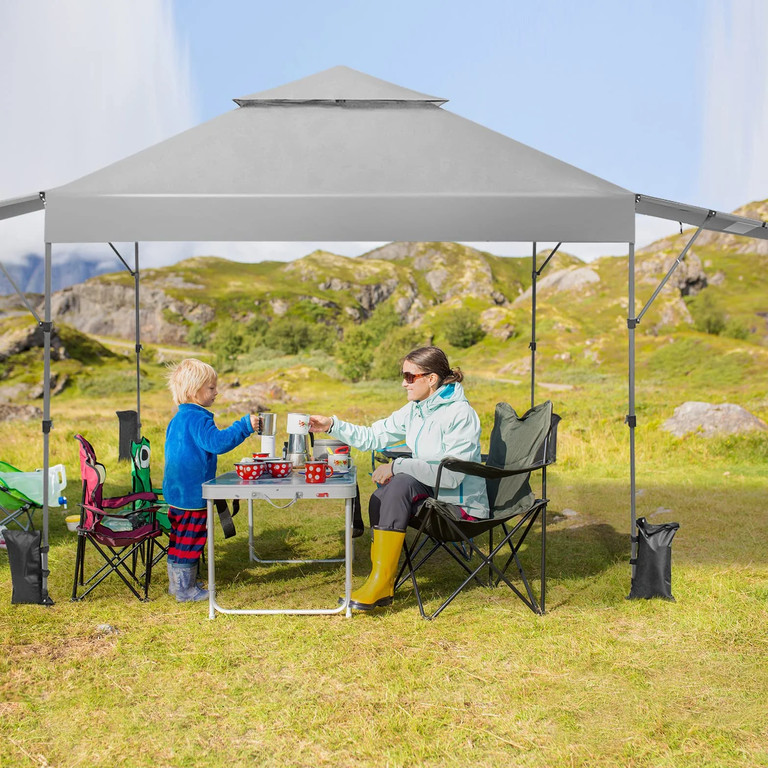 COSTWAY 3x3m Pop Up Pavillon mit Zwei Markisen, Faltpavillon mit Rolltasche, 4 Sandsäcke, UV-Schutz 50+, Gartenzelt faltbar, Partyzelt wasserdicht stabil Winterfest, Gartenpavillon für Garten (Weiß)