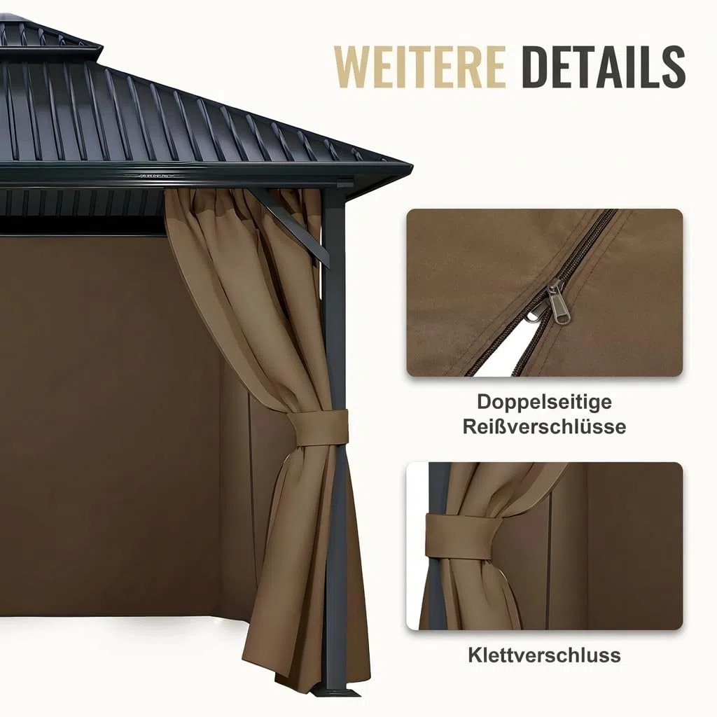 COWVIE 4PCS Pavillon Vorhang, 3 x 4 m Blickdichte & wasserdichte Seitenteile, UV-Schutz Outdoor Gardinen mit doppeltem Reißverschluss für Garten, Terrasse & Hof, Braun (nur Vorhänge)