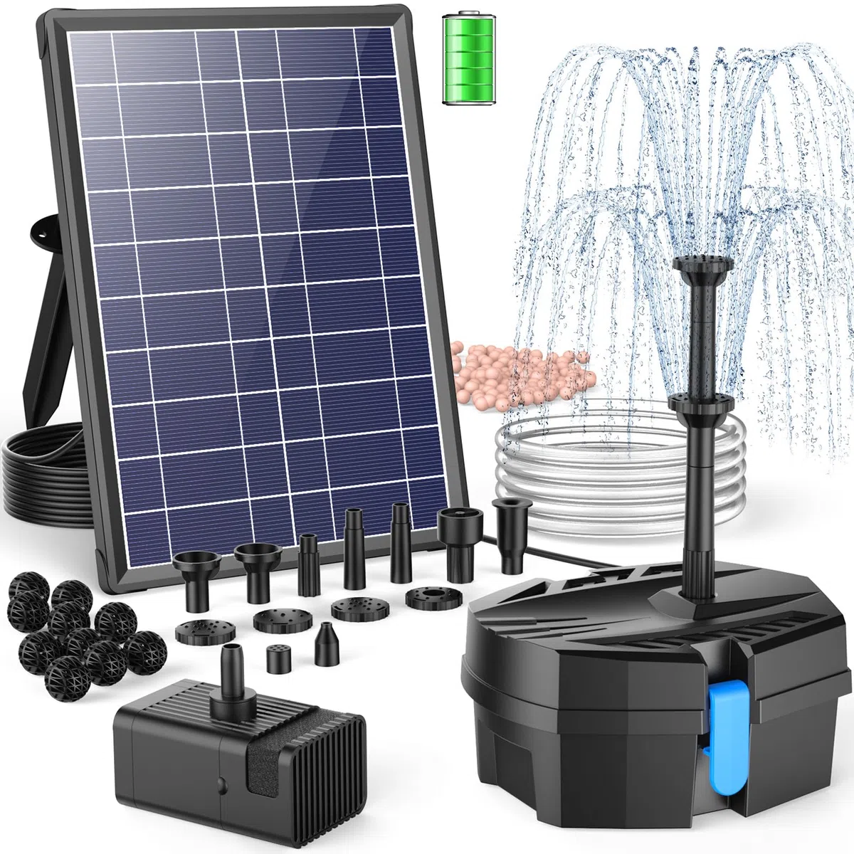 POPOSOAP Solar Teichfilter mit Wasserbrunnen, 8W Solar Springbrunnen mit Filtrationssystem, 8 Sprühmodi & 3600mAh Backup-Batterie, für kleine Außen-Teiche, Vogeltränke und Wasserfeatures