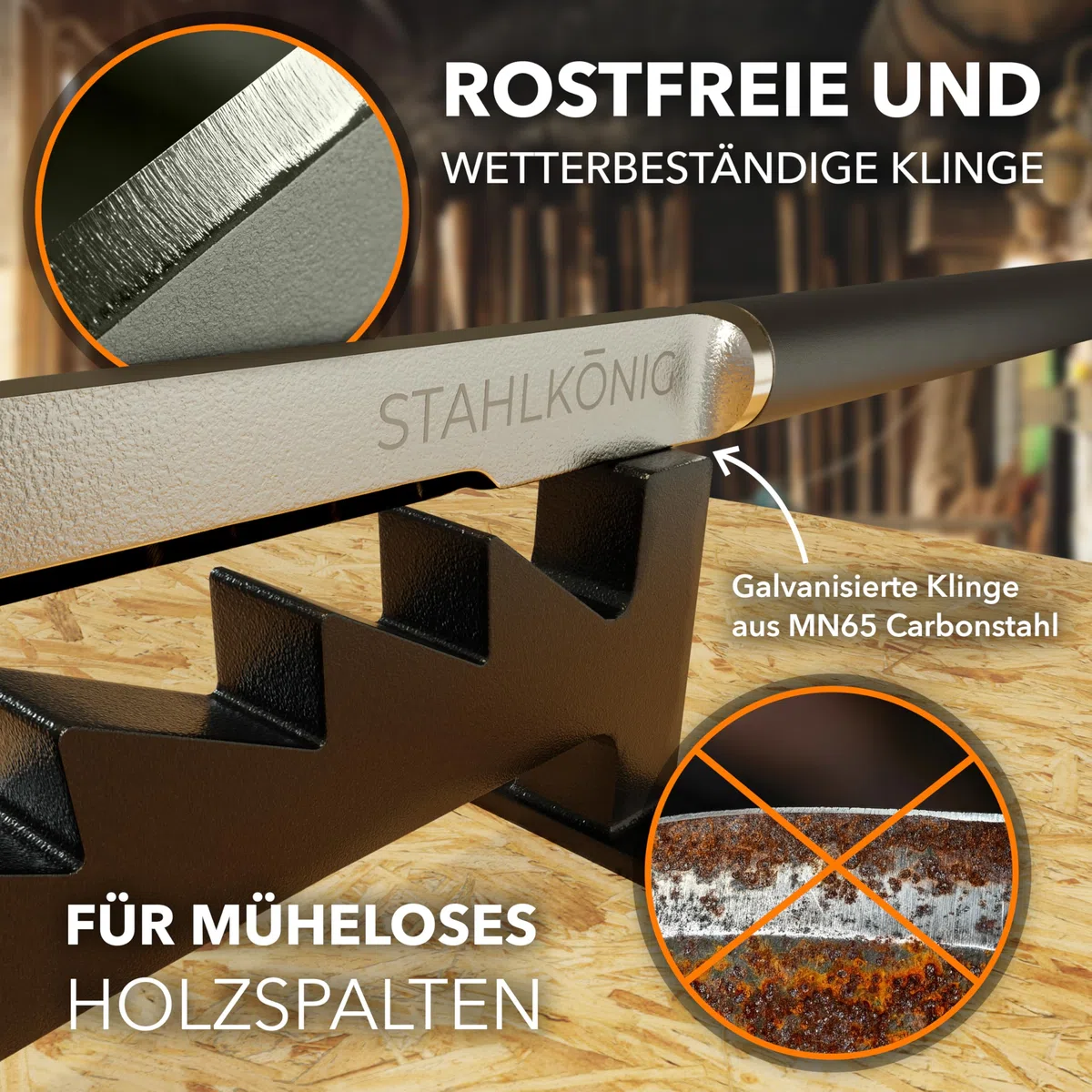 Holzspalter Manuell | Rostfrei und langlebig durch galvanisierte Klinge | Anzündholz Spalter mit 40cm Griff für müheloses Spalten