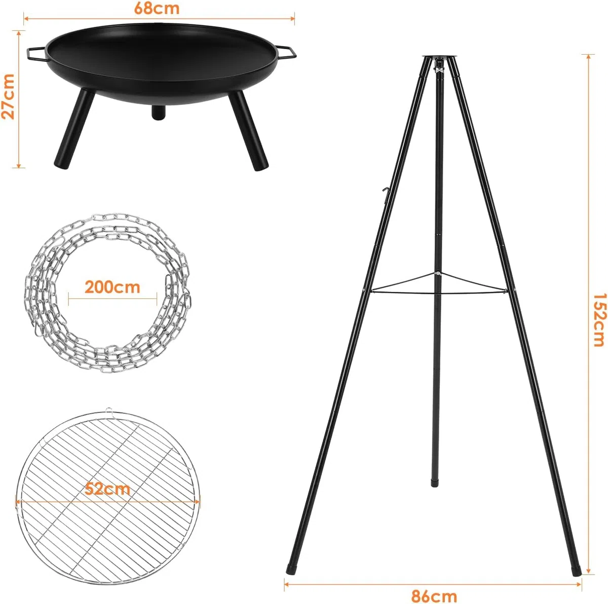 TLSUNNY Schwenkgrill mit Feuerschale, Dreibein für Feuerschale, inkl. Grillrost (Ø52cm), Höhenverstellbarer Kette (200 cm) und Dreibein (H:152 cm), 3PCS Beine, Grill für Camping Garten Hof