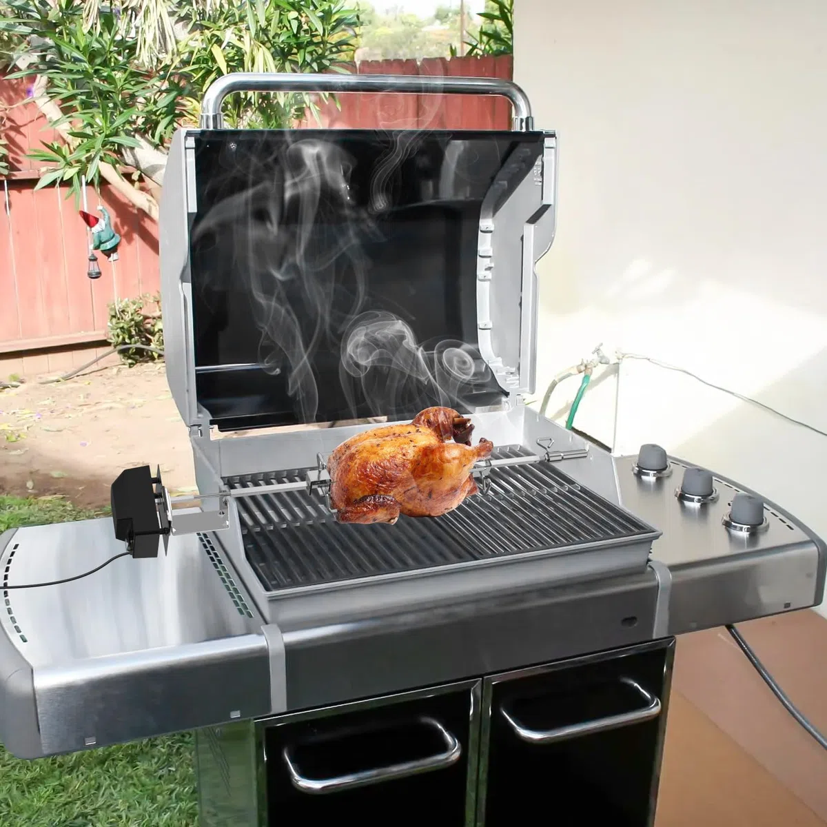 onlyfire Edelstahl Grillspieß Set für Weber Spirit I & Spirit II 200/300 Serie Gasgrill, inkl. 2X Fleischklammer, Motor, 220V-240V, Motorhalter, Drehspieß, Rotisserie, Drehspiess