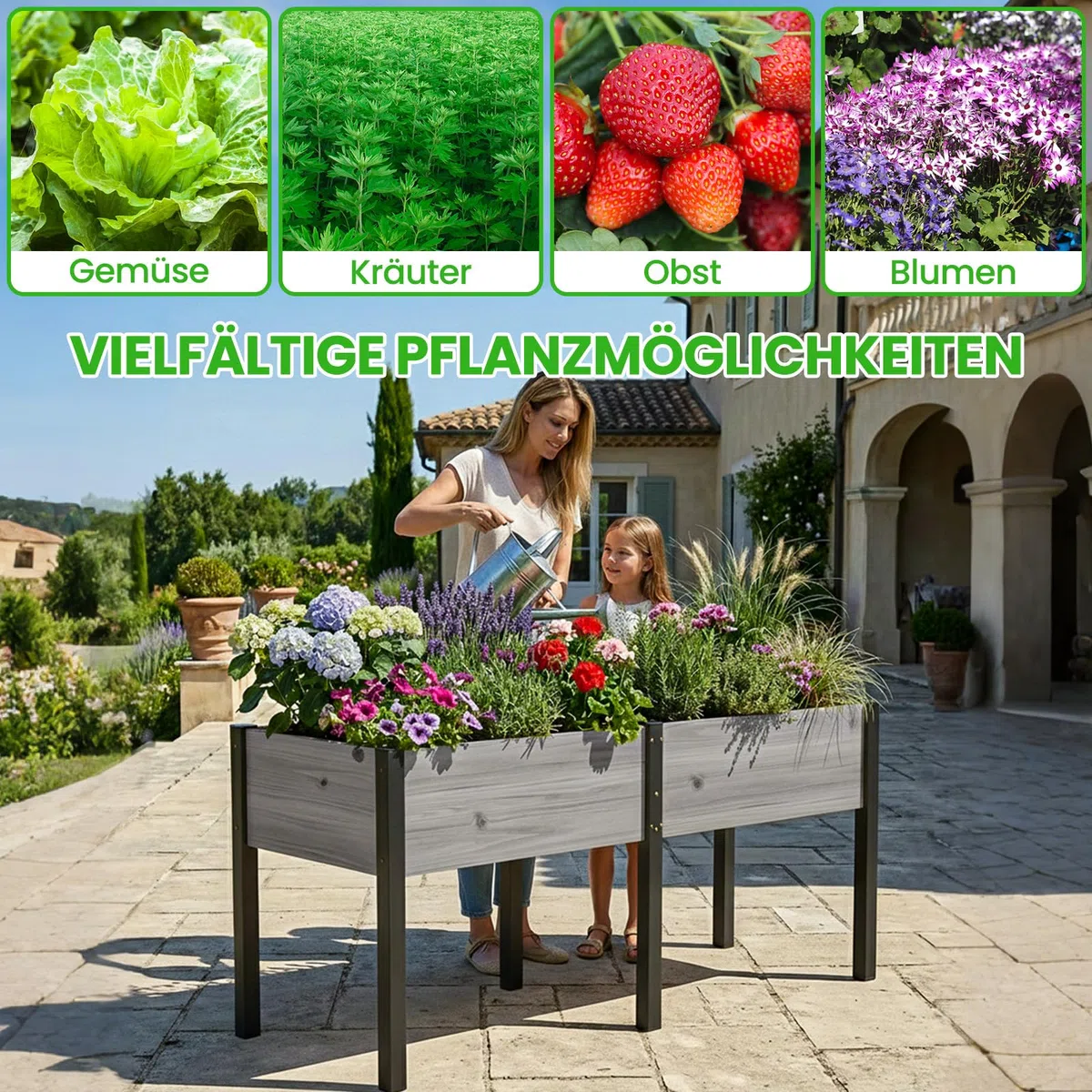 Hochbeet aus Holz - 180x60x80cm Großes Erhöhtes - Modern & Extrem Stabil Pflanzkasten & Blumenkasten - Pflanzbeet Kräuterbeet Blumenbeet für Garten Balkon Terrasse
