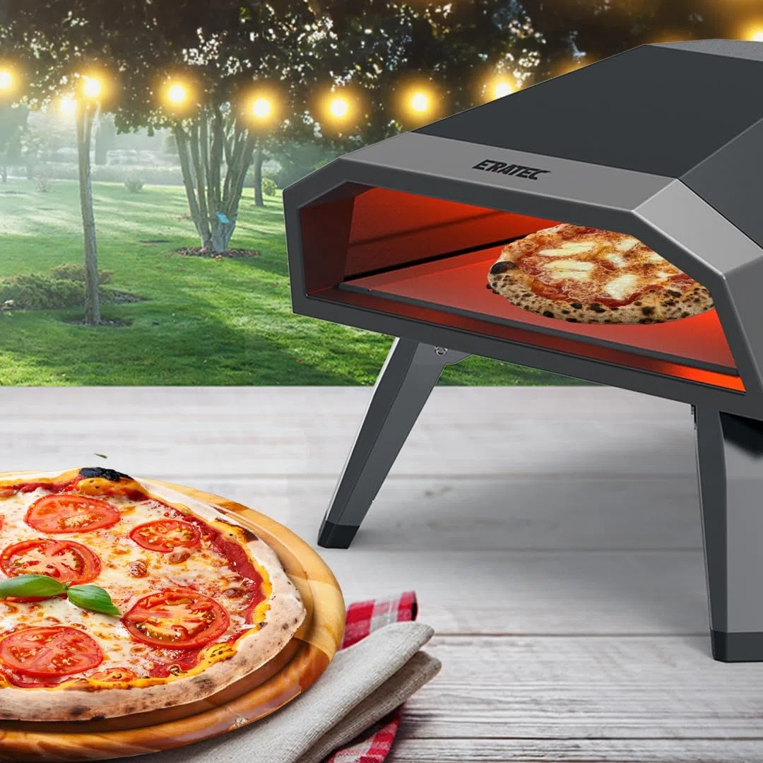 ERATEC Gas Pizzaofen GPM-16, Silber Edelstahl, 80x60x50cm, Outdoor Gasbrenner mit Pizzastein und Druckregler, Freistehend für Garten und Terrasse