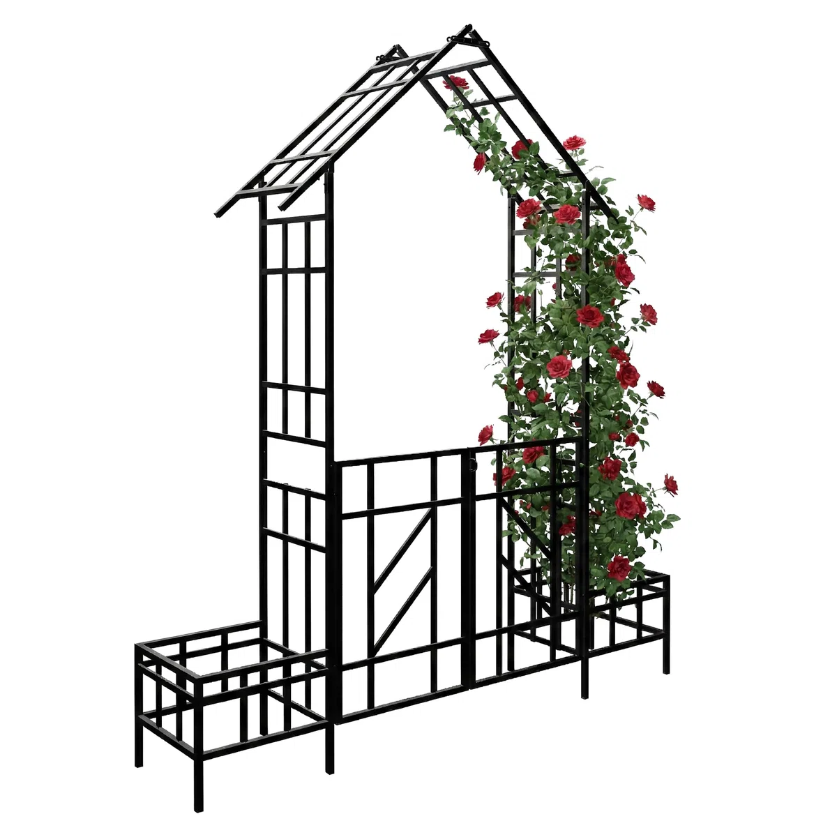 Relaxdays Rosenbogen mit Tor, 2 Pflanzeinfassungen, Vorgarten & Garten, Torbogen HBT: 247 x 204 x 43 cm, Metall, schwarz