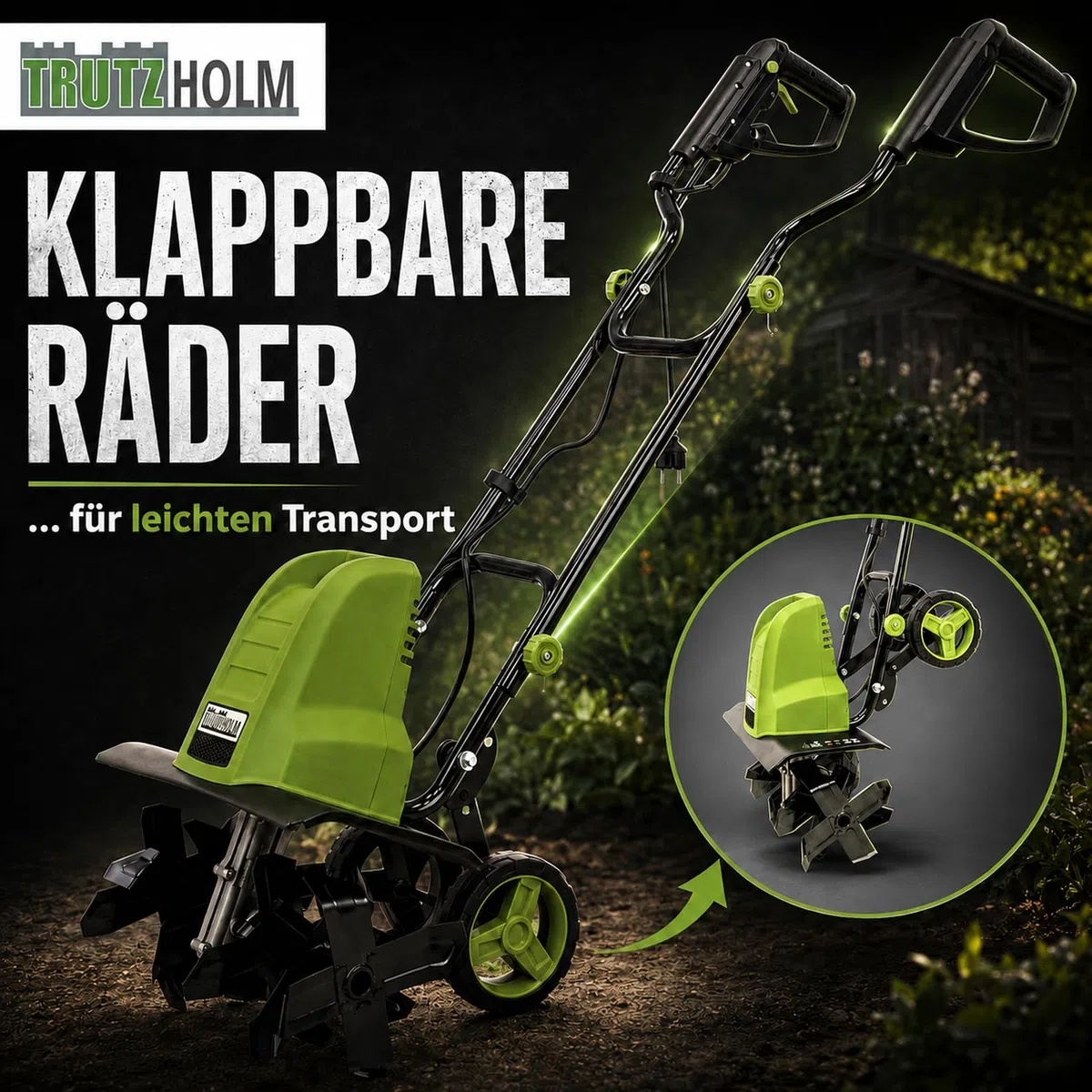 TRUTZHOLM Elektro-Bodenhacke 24 Stahlmesser 45cm breit 22 cm tief 1500W Netzbetrieb Transporträder klappbar Gartenfräse zur Bodenbearbeitung
