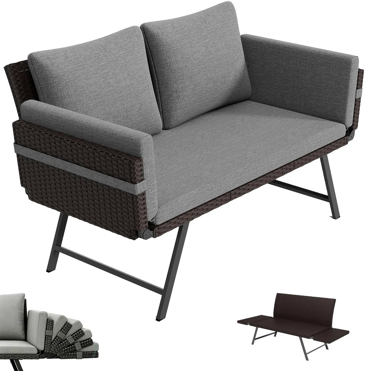 Gartensofa 2 Sitzer mit Liegefunktion, Verstellbare Couch klappbarer Armlehnen, Outdoor schlafsofa mit Kissen, Polyrattan Gartenbank Lounge Sofa für balkonmöbel,Terrasse, Gartenmöbel (Dunkel)