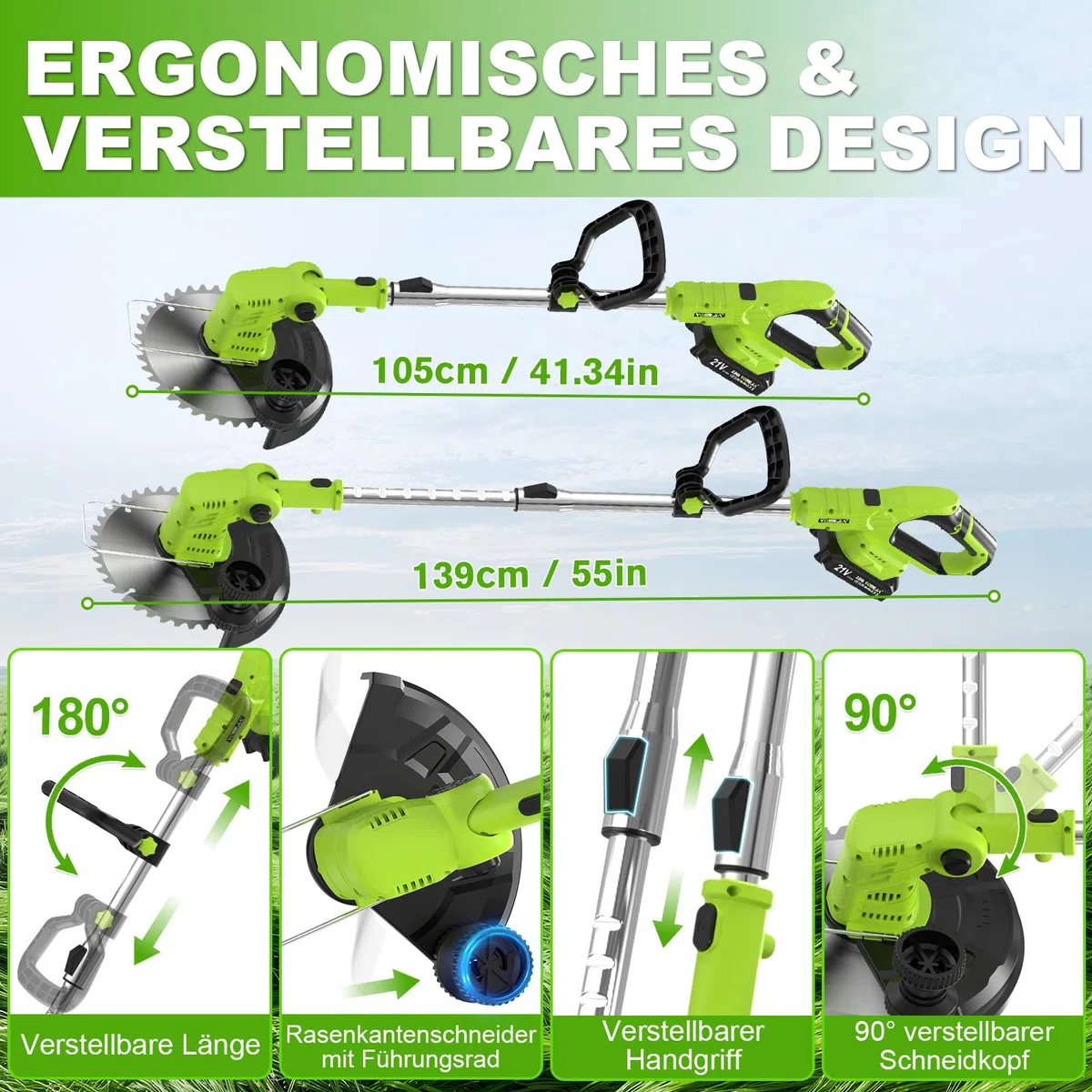 VOERJIA Rasentrimmer Akku 21V mit 2 Akkus und Ladegerät, Freischneider Akku 24000U/min mit LCD-Anzeige, Akkurasentrimmer mit 4-in-1 Mähsystem inkl. (Meister-Set)