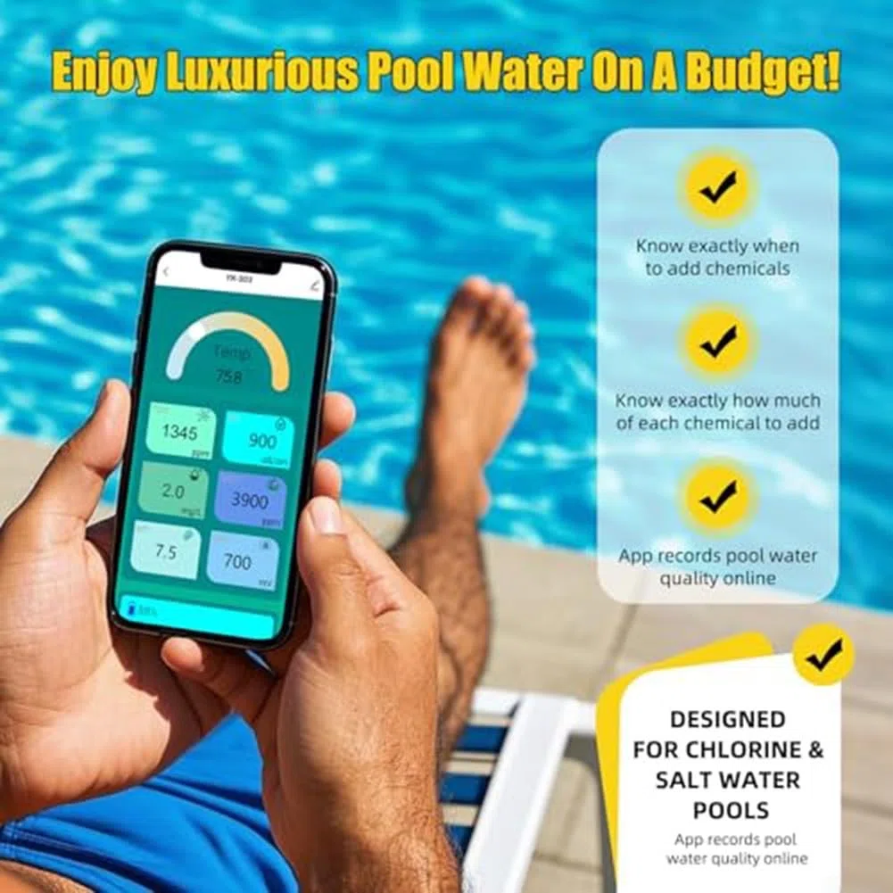 7-in-1 Smart Pool Tester für Tuya App: pH, Salz, ORP, Leitfähigkeit & Temp. Echtzeit für Salzwasser-Pools.(C)