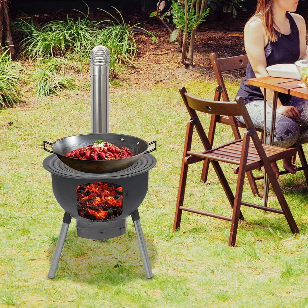 Tragbarer Holzofen mit 3/4 Kochringen & Aschekasten - Abnehmbaren Ofenbeine Robuster Stahlblech-Ofen mit Belüftung und Schornstein Holzofen für Camping, Picknick und Outdoor-Kochen (20.5zoll)