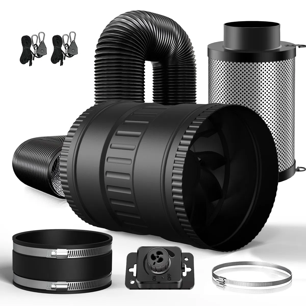 150mm Abluftset,Lüftungsset, Inline Rohrventilator mit Drehzahlsteller Aktivkohlenfilter Abluftchlauch und Klemmen Gummimuffe, Belüftungssystem für Growzelt Gewächshaus.