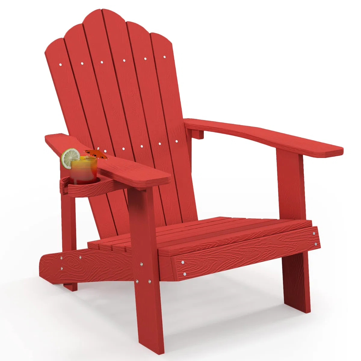 GOPLUS Adirondack Stuhl, Gartenstuhl ergonomisch mit Armlehnen, Hochlehner & Getränkehalter, Outdoor Stuhl wetterfest bis 150kg belastbar für Garten Hof Terrasse Balkon (Rot)