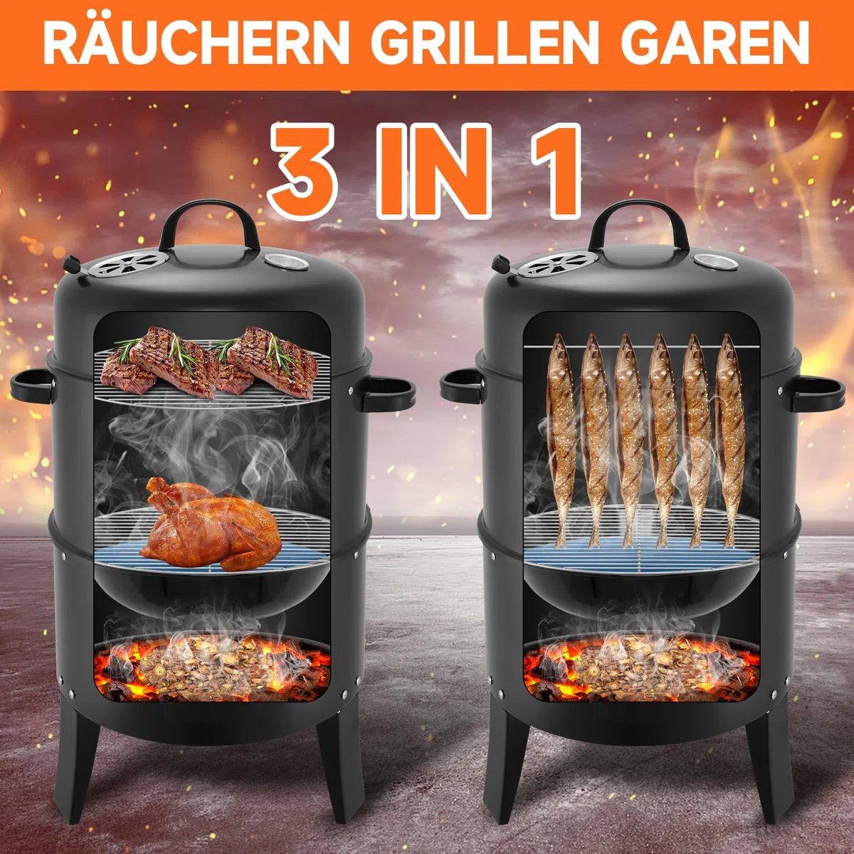 Raucher Holzkohle, Holzkohleraucher | Holzkohlegrills | Tragbare vertikale Propan-eingebaute Thermometer für Gartengrills, Heckklappenpartys, Apartmentbalkonen
