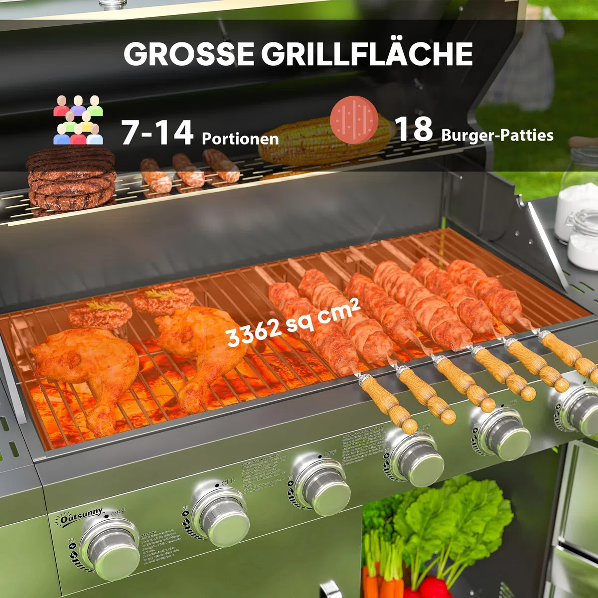 Outsunny Gasgrill 8500BTU BBQ Gartengrill inkl 6 Edelstahl-Brenner Rolle Druckminderer Thermometer, Grillwagen mit Gasschlauch Seitenablagen Deckel, für Camping-Grill Balkon, 143 x 55 x 110 cm