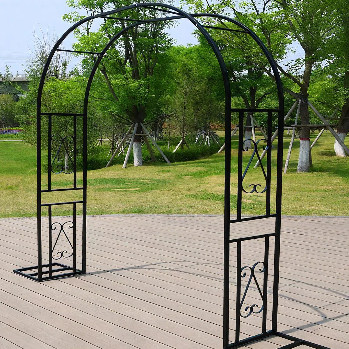 Gartenbogen aus Metall,Rosenbogen,Garten Dekoration mit Sockel, Tragbarer Blumengirlanden Rahmen für Party, Hochzeitsdekoration Outdoor(L180xW40xH230cm) Schwarz-A