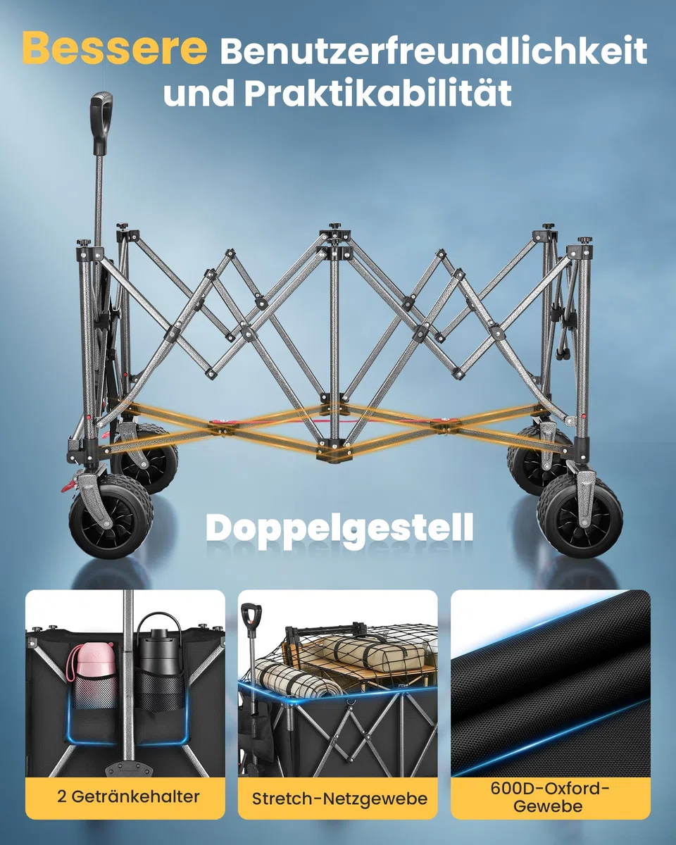 YEAUPE PRO Bollerwagen Faltbar 260L 250KG Handwagen mit Bremsen 17x10 cm Reifen All Terrain