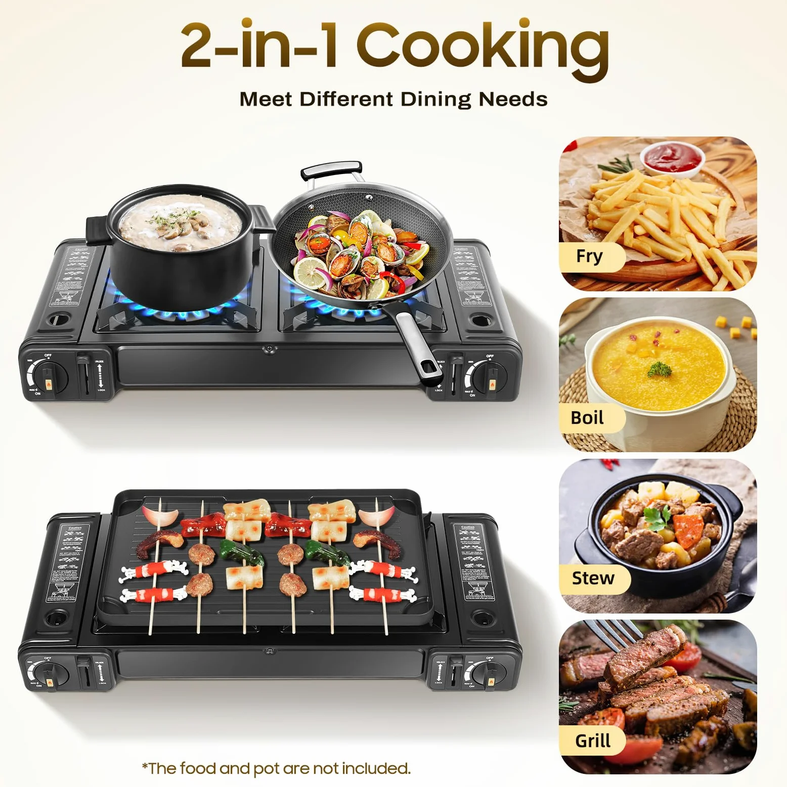 2-Flammig Campingkocher, Outdoor Camping Gas Kocher Grillplatte Tischgrill Koffer Gasgrill, 2-Flammig Gaskocher Für Innenräume Gaskocher (Mit Grillplatte)