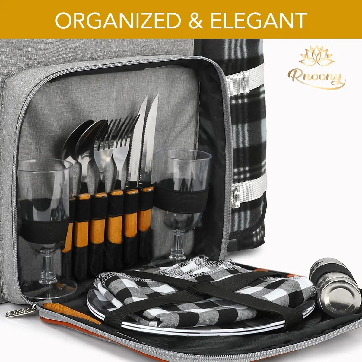 Rnoony Großer Picknickrucksack für 2, Picknickkorb für 2 mit isoliertem Kühler und Flaschentasche, Picknicktasche mit Leichter Decke und Besteckset für Familie, Paar und Wandern