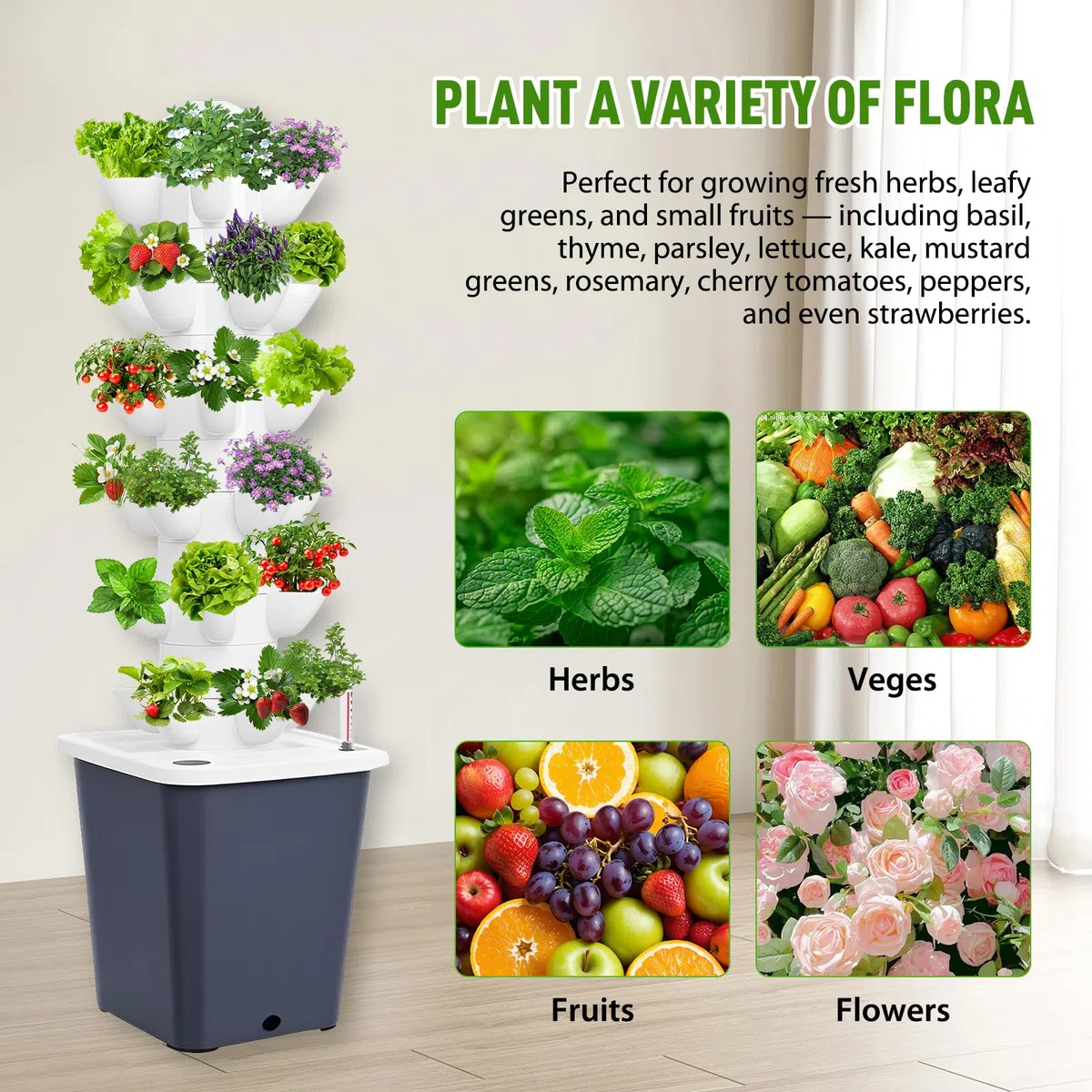 LIROPAU Hydroponic Tower Garden 30 Löcher, 6 Etagen Aeroponic Tower Grow System Kit, Erdloses Anbausystem mit Hydratationspumpe, Adapter und 10L Wassertank für Kräuter, Obst und Gemüse