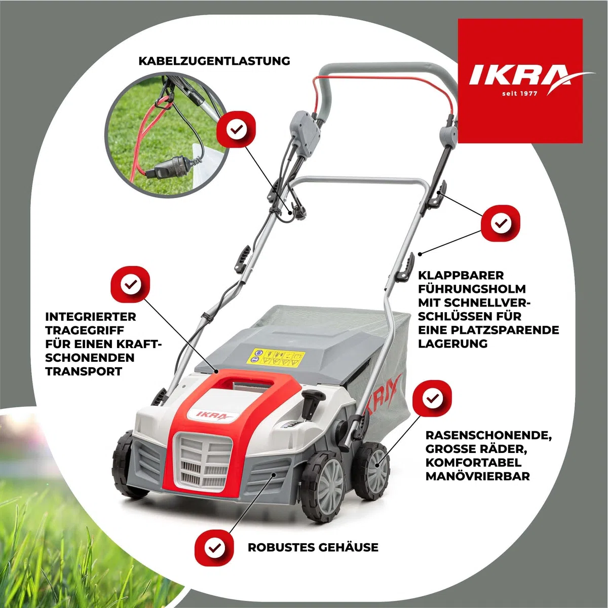 IKRA Elektro Vertikutierer Rasenlüfter IEVL 1840, Arbeitsbreite 40cm, 1800W | Fangkorb 55l, Arbeitstiefe +6 bis –12 mm, werkzeugloser Walzenwechsel, 2in1 Gerät lässt sich auch ohne Fangbehältnis nutzen