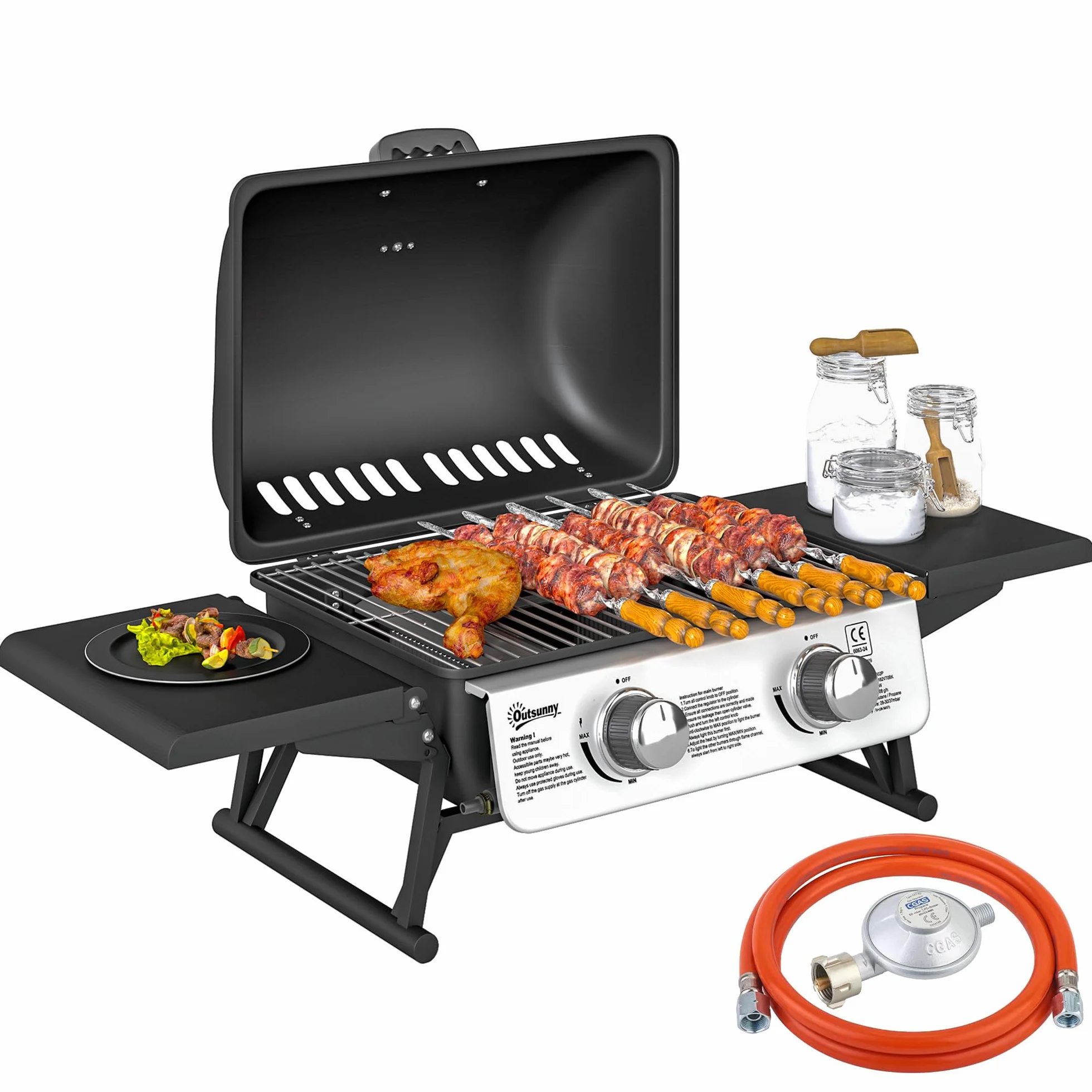 Outsunny Gasgrill 5,6 KW Gas-Grill inkl 2 Edelstahl-Brenner klappbar Seitenablagen Druckminderer Gasschlauch Deckel Thermometer, BBQ Gartengrill für Balkon, Camping-Grill 101 x 48 x 41 cm
