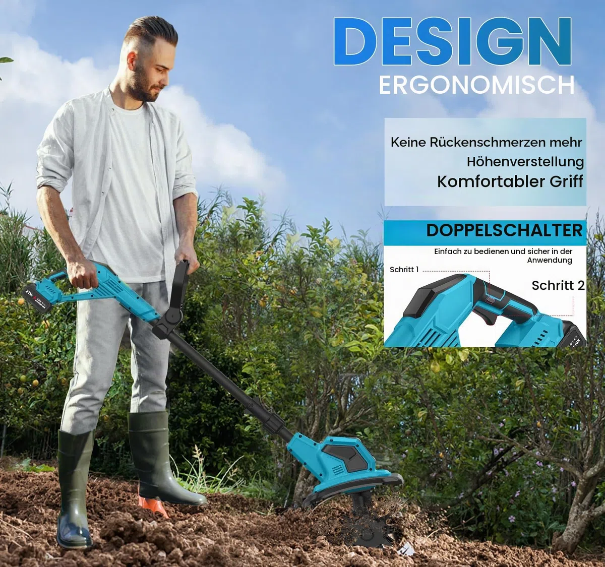 Elektrische Motorhacke, 21 V, kabellose Gartenfräse, 600 W, mit 2 x 4,0 Ah Batterien, Arbeitsbreite 17 cm, Arbeitstiefe 24 cm, 360 U/min, elektrische Motorhacke für Garten und Hof