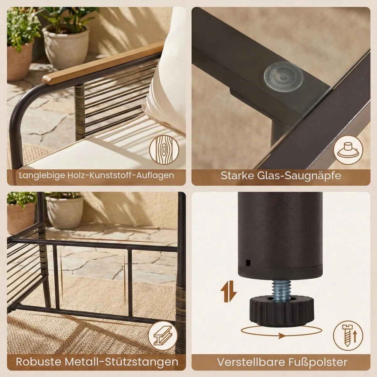 LIFEZEAL 3-TLG. Gartenmöbel Set, 3-teiliges Balkonmöbel-Set Rattan, Esstisch mit 2 Stühlen inkl. Sitzkissen, Terrassenmöbel Sitzgruppe für Balkon, Veranda, Garten, Hof (Beige)
