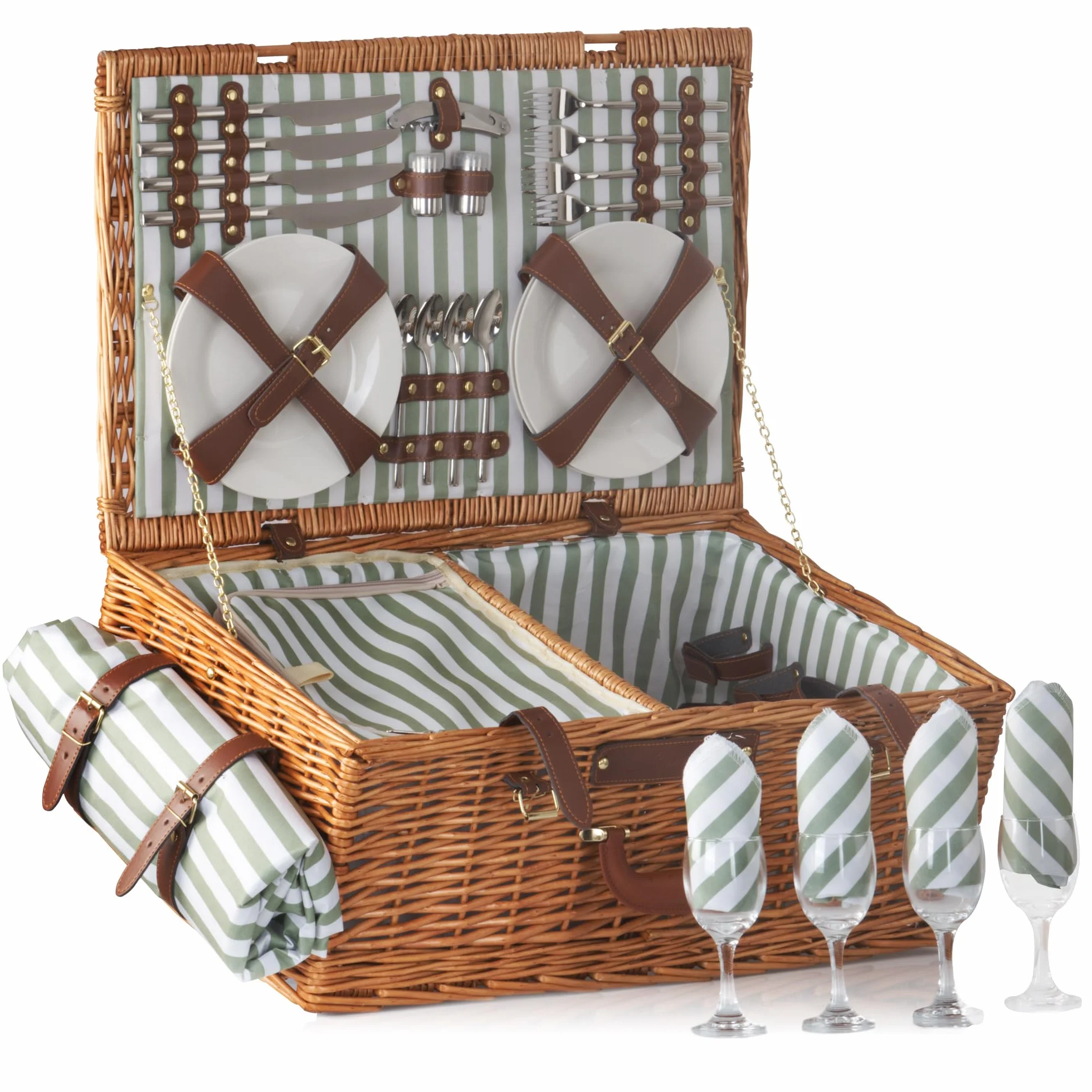 CampFeuer Picknickkorb 4 Personen mit Geschirr-Set und Kühlfach | 29-teilig | Picknickkoffer mit gestreiftem Innenmuster | Weidenkorb mit Kunstlederriemen | Picknicktasche, Picknick Set