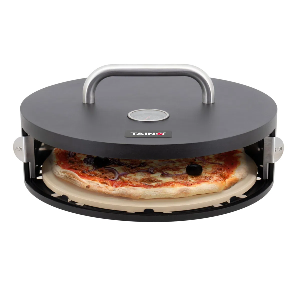 TAINO Pizzabox Pizzaaufsatz Pizzastein mit Deckel Tür rund Grill Zubehör für Gasgrill Schwarz