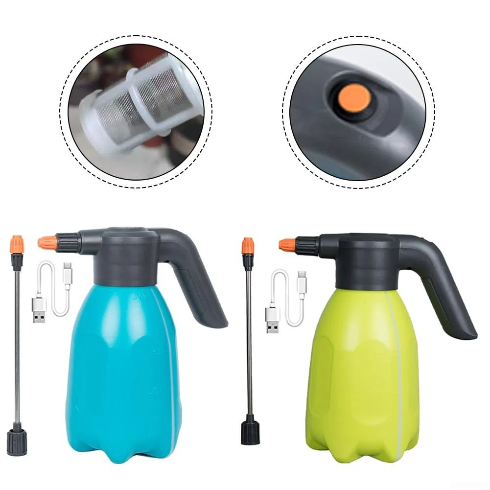Elektrische Sprühflasche, 2 l, wiederaufladbar, für Pflanzen und Automobil-Details, verstellbare Nebel-/Strahldüse, ergonomischer HDPE-Tank mit transparentem L-Blue-Land
