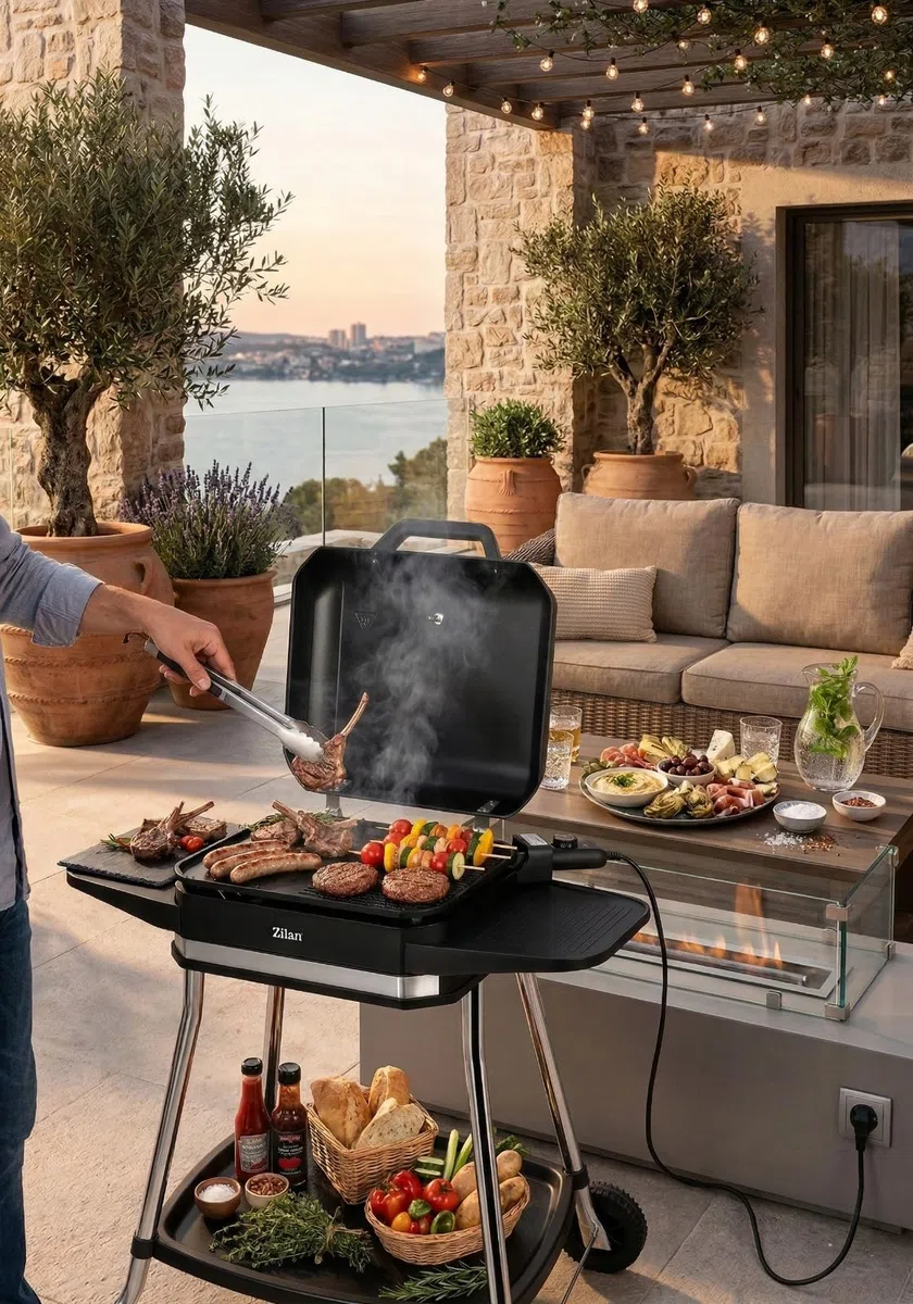 2in1 Elektrogrill Standgrill Tischgrill elektrisch 3.050 Watt - Elektro Grill für Balkon, Draußen mit Standfuß große Grillfäche Stufenloser Temperaturregler elektrischer BBQ Grill
