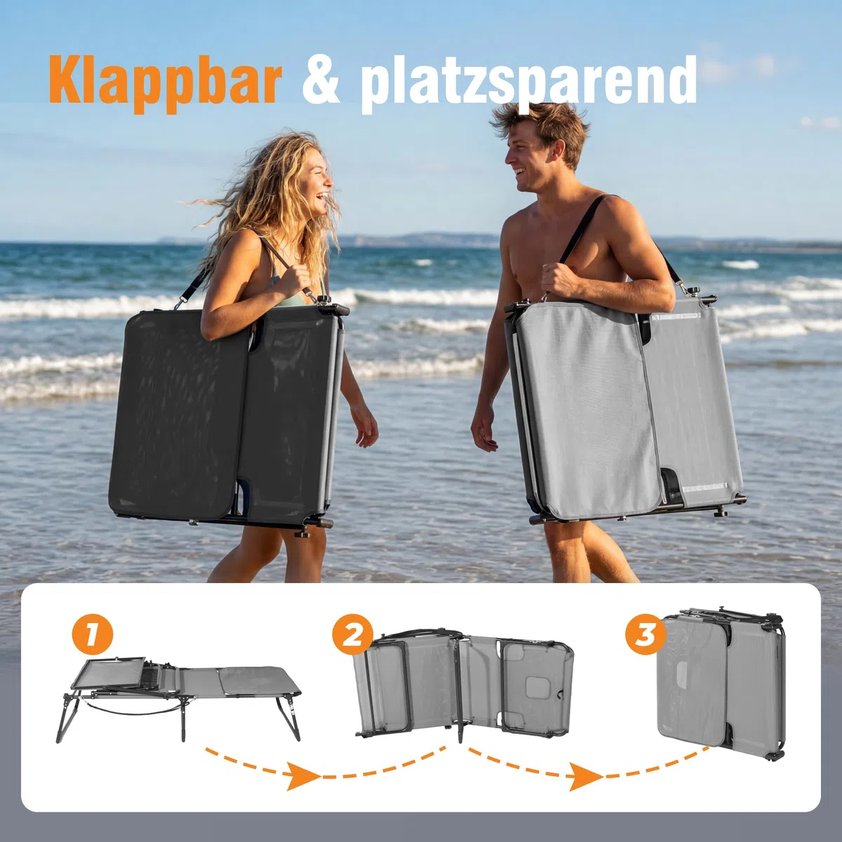 Homecall XXL Sonnenliege mit Gesichtsöffnung & Sonnendach, 200 x 70 cm Gartenliege für Bequeme Bauchlage, klappbarer Liegestuhl mit 4-Fach Verstellbarer Rückenlehne, bis 180 kg (1, Hellgrau)