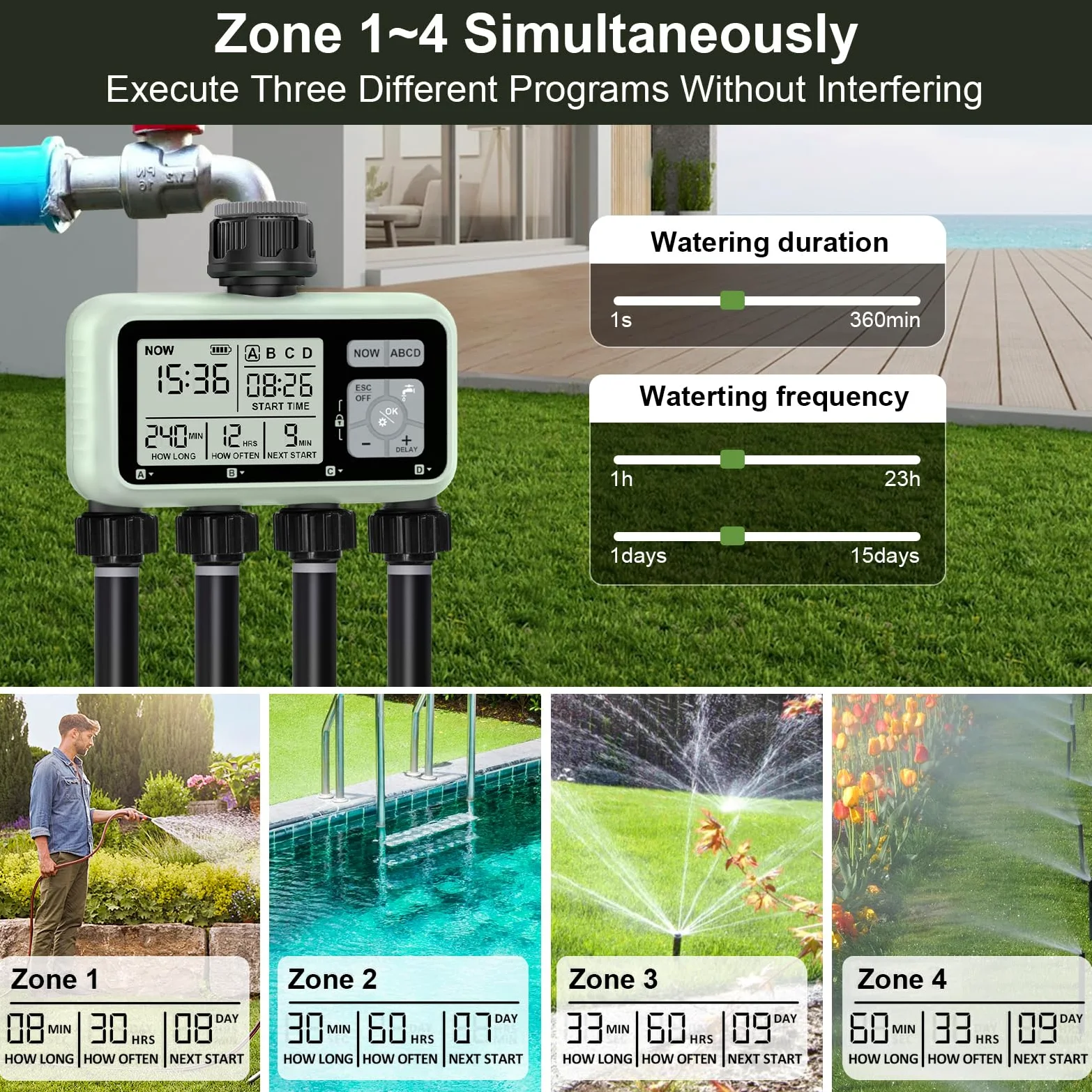 Johgee Bewässerungscomputer 4 Ausgängen mit, Digitaler Bewässerungsuhr mit Regenverzögerung, Automatische/Manuell Bewässerungssteuerung Wasserzeitschaltuhr für Garten Rasen