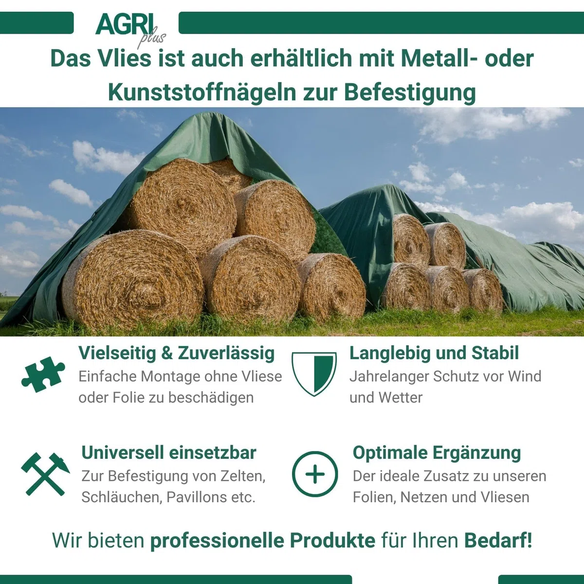 AGRI plus Strohvlies 9,8 x 12,5 m I Stabiles 140 g/m² Schutzvlies aus Polypropylen I Extrem reißfestes Heuvlies für langfristigen Schutz I Abdeckvlies wetterfest & UV-beständig