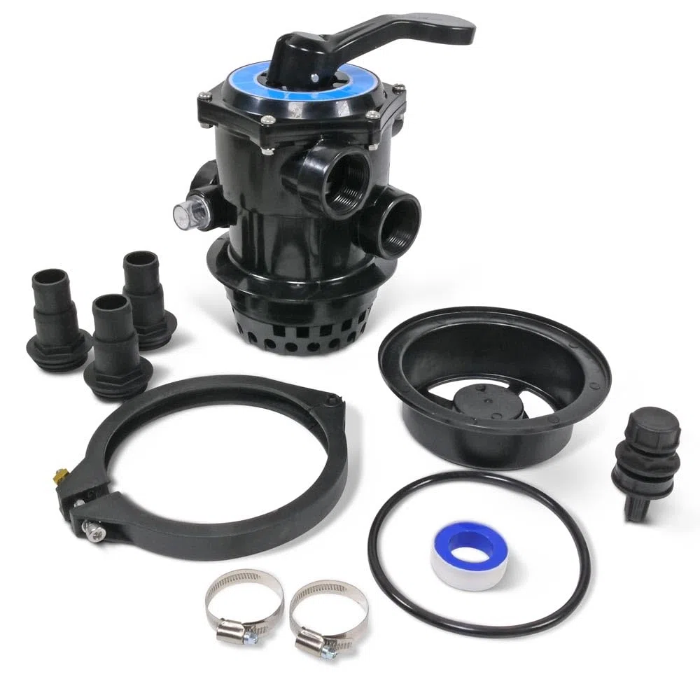 OKU 6-Wege Top-Mount-Ventil Komplett-Set - Ø 177 mm - Inkl. Manometer Spannring O-Ring Schlauchtüllen 32/38 mm Winterablassventil & Sandeinfüllhilfe - Passend für Filterkessel Ø 300/400/500 mm