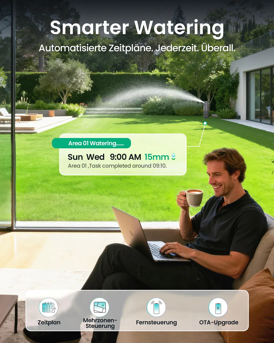 Aiper IrriSense 2 Smartes Bewässerungssystem, Mehrzonen-Bewässerungsgerät mit App-Steuerung, intelligenter Zeitplanung und Regensensor für Rasenflächen bis 445 m²
