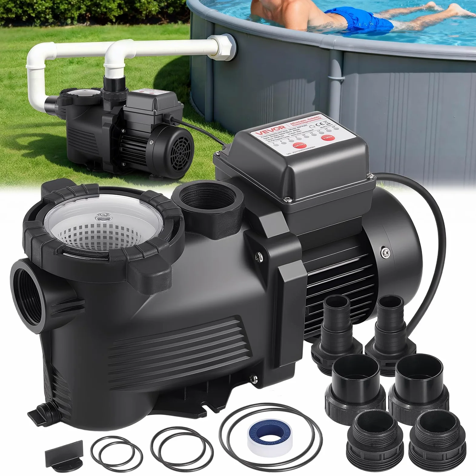 VEVOR Schwimmbadpumpe 400 W, Filterpumpe 11.100 L/H max. Fördermenge, Einstufige Poolpumpe, 3450 U/min, 10 m max. Förderhöhe, mit 24-Stunden-Timer & Filterkorb, für Aufstell- & Einbaupools, & Spas